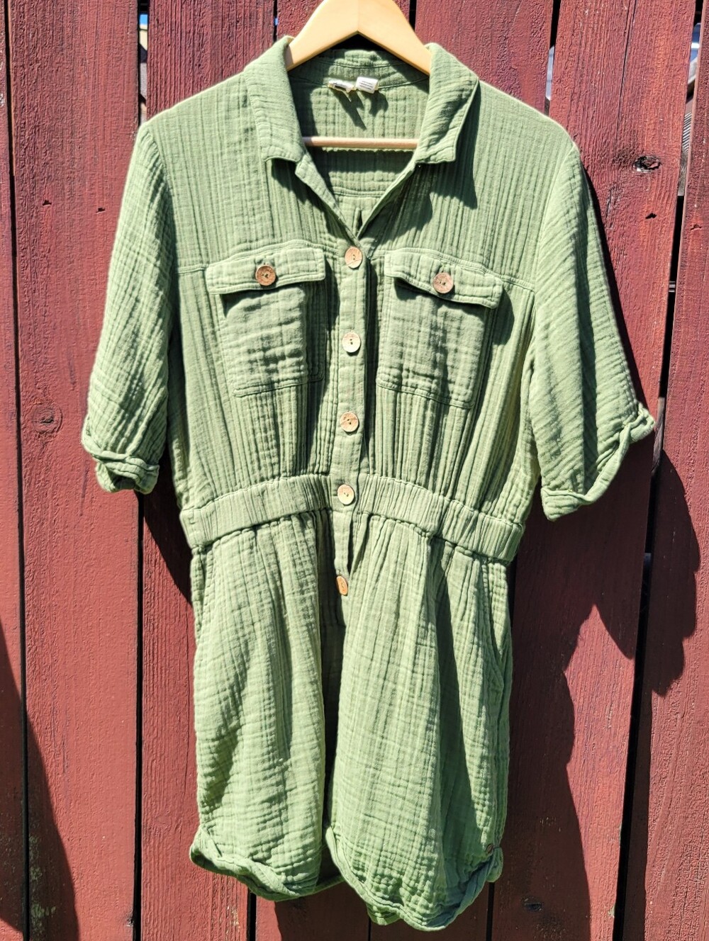 Roxy Women Green Gauze‎ Button Front Romper Short Sleeve Utility L Large